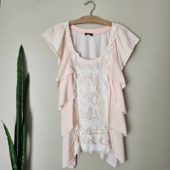 COCOMO | Peach & White Striped Short Sleeve Top with Lace Detail - Picture 1 of 6